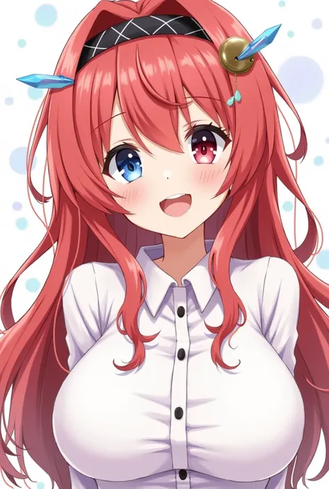  1 girl, Alone,  high resolution , Breasts,  redhead, smile, langes Haar,  Open Mouth ,  blue eyes , hair accessories, Red Eyes,  jewelry, headband, Earrings, tongue, Tooth, haarblume, Bell, Große Breasts, saliva,  shy , Heterochromie, 