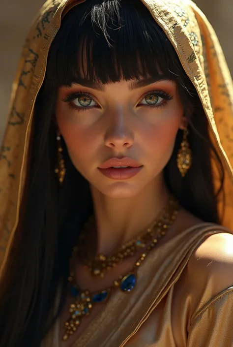 A pharaoh queen with bangs hair
Thin eyebrows and black eyes 
Her face is angelic and so beautiful 