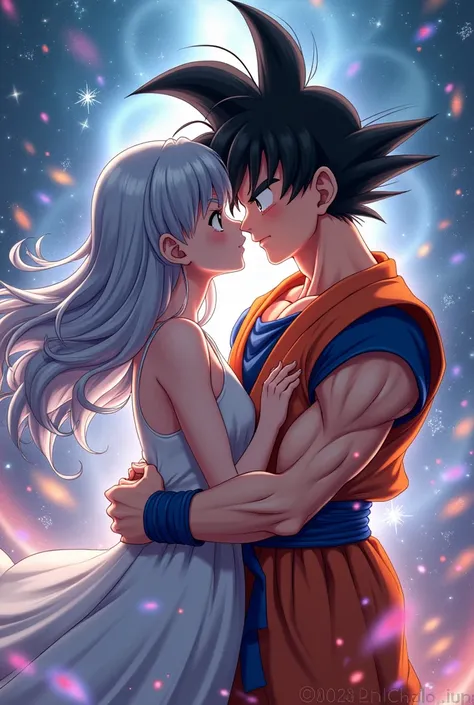 Yamanobe Tomo from Seikon no Qwaser kissing Son Goku from Dragon Ball Z
