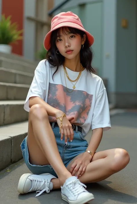 An Asian teenage girl sitting casually on concrete stairs in an urban street setting, wearing an oversized graphic t-shirt tucked into high-waisted denim shorts, accessorized with a bucket hat and layered gold necklaces, her sneakers resting naturally besi...