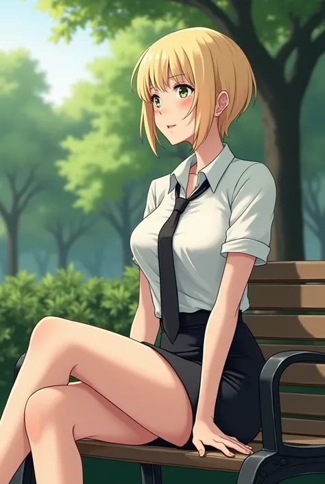  1 girl, bangs,  Anatomically Correct,  shorthair, ,Grown-up、 shirt、 ties、 short skirt 、 sexy、 sharp、Looking up、 park bench、Blonde、 Slender Eyes、side、blush