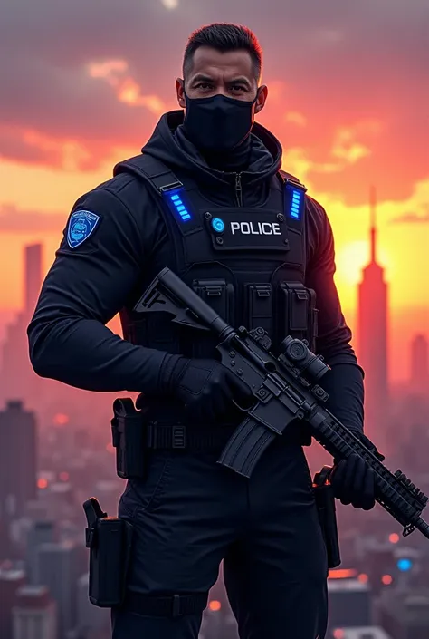 ( best quality) (ART IN DRAWING) Elite cop , black clothes and blue details , strong,  black mask covering his mouth , holding a rifle,  in the background of a city at sunset