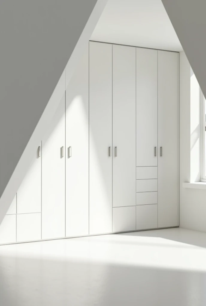 A closet with white divisions in a triangular room