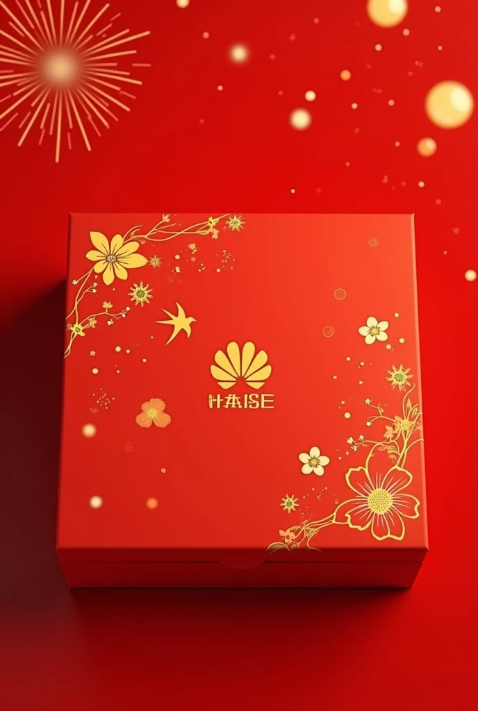 Design a Luna new year gift box that often appears every Tet holiday. The main color of the gift box is red. The motifs on the gift box are simple and yellow. Motifs related to Luna new year in Asia such as swallows, apricot blossoms, peach blossoms, firew...