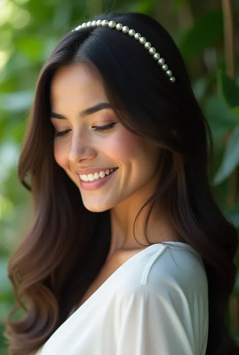  better quality , showing 3 / 4 of the left profile ,  head tilted down 30º , look down, soft light,  ultra high resolution , ( Photorealistic :1.4),  RAW photo, 1 Latina girl, Alone, linda,  smiling and showing the upper teeth,  detailed and beautiful fac...