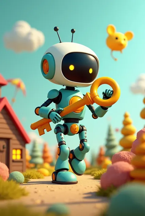 fun looking cute robots of different colours and design doing different things including gardening, singing, doing magic, building mini robots, doing acrobatic, running while holding a big golden key, building ahouse, all in a fun dremland 3d