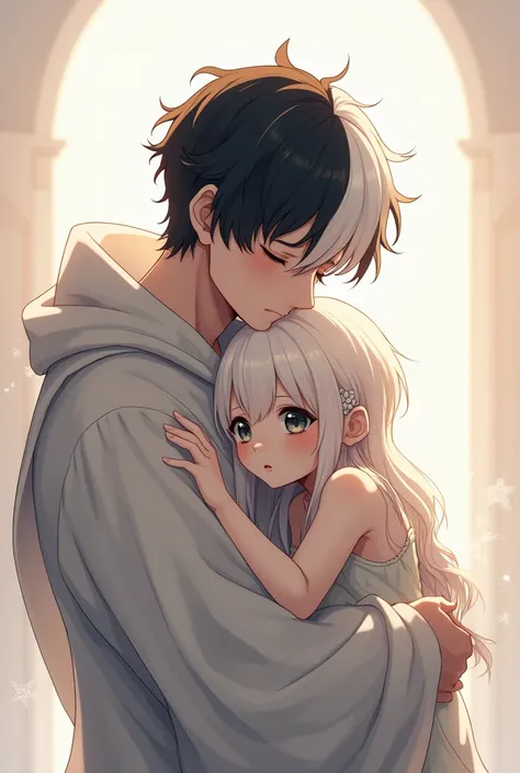 1 Young Man God  ,  bicolor black and white hair,  hugging his daughter, bicolor black and white hair,anime