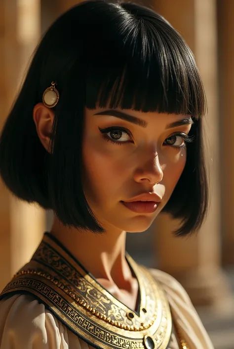 A pharaoh queen with bangs hair
Very Thin eyebrows
black eyes 
Her face is angelic and so beautiful 