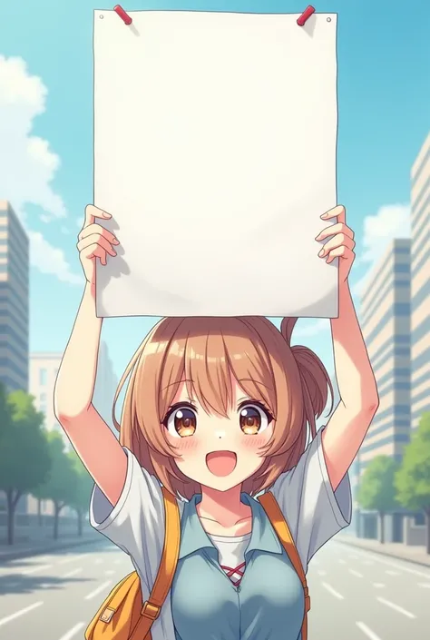 anime Girl 
 empty sign billboard banner on   hand above the head drawn 
