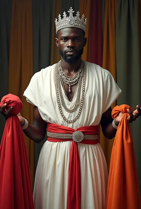 African king in his 30s , with a silver crown with crystals .  White cotton dress with a red belt ,  with long pearl and crystal necklaces holding 8 brightly colored fabrics in her hands full body 
