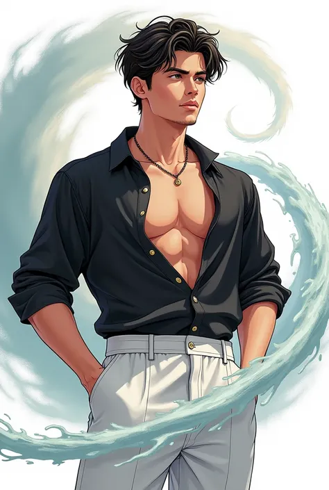 90s cartoon style Hq style, high resolution detailed and rich in details,of a young man of 1,76 inches tall,white with Chinese ancestry in his features,oval face, defined jaw without beard or mustache,his body is athletic but thin,round chest,his hair is s...