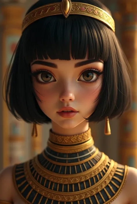 A pharaoh queen with short bangs hair
Very Thin eyebrows
black eyes 
Her face is angelic and so beautiful 