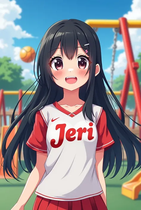 create a image of "A s cute anime girl smile face, black long hair big smile wearing brazili jarsy name on it " jeri ".
,and various On the playground  .