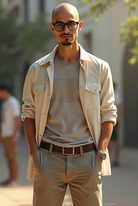 Young, bald, goatee and eyeglasses grade .  Create an outfit for an afternoon party. bermuda, t-shirt and open-toed shirt 