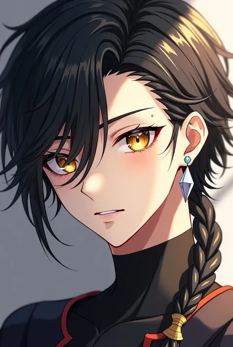 Pale young male, masculine looking,  with black long hair with a braid in one side and golden highlights. Has golden eyes and a mole under his left cheek. Uses cristal earrings. Anime style.