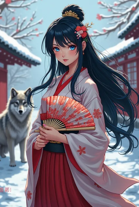 Marvel comic art style, a girl with long black hair and sky blue eyes and wearing typical Japanese clothes and using hair ornaments and using a fan with a traditional Japanese house with snow and a wolf on the side.