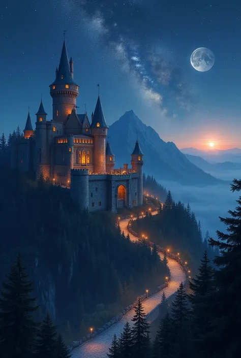 Make stone castle in the foreground  a city with lights surrounded by walls with gates and sentries, on the front of a mountain, the night sky, stars with the Milky Way and the sun hovering on the horizon, on the right side a dark forest surrounds the wall...