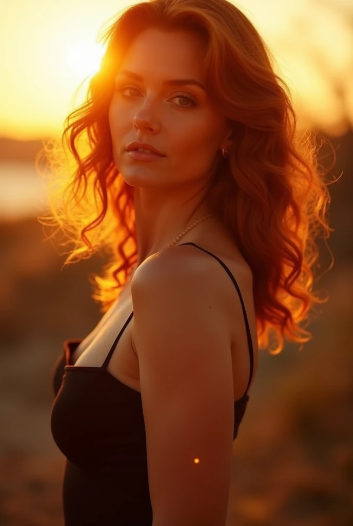 a professional erotic photo taken in the sunset. A confident, professional redhead woman in her early 40s