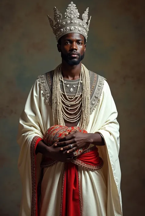 African king in his 30s , with a silver crown with crystals .  White cotton dress with a red belt , with long pearl and crystal necklaces holding 8 brightly colored fabrics in their hands, that can be seen from head to toe 
