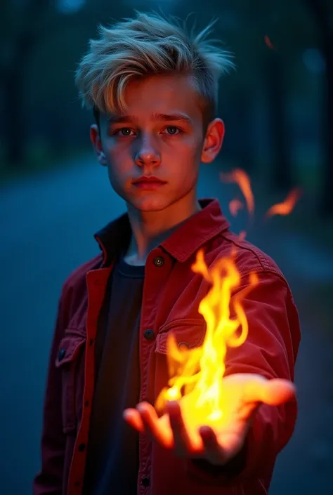 "An handsome 
american boy around his 15-16’s with blond hair, looking to his right creating a fire in his hand. His face is carefully defined and both blue and red lights are reflecting on it. The reflection of the lights dramatically illuminates the youn...