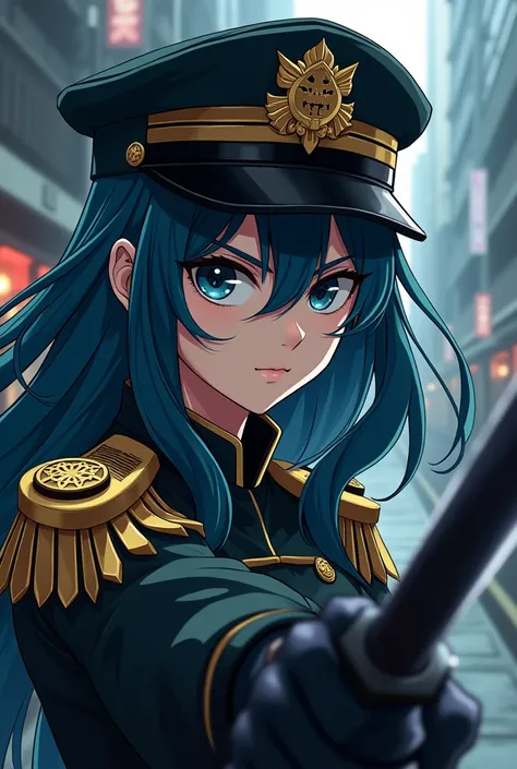 Anime, hd quality, super beautiful, calm, cool girl, neon blue and black long hair, dark blue eyes, military hat, gold and black military outfit, sharp eyes, age 25, mature, slashing black katana pose, dark city background, super serious face, ninja, 4k, 