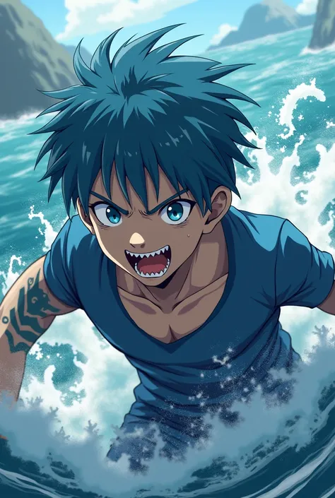  Anime boy with sea blue hair, Calisthenic and shark-toothed (Shark Powers ) 