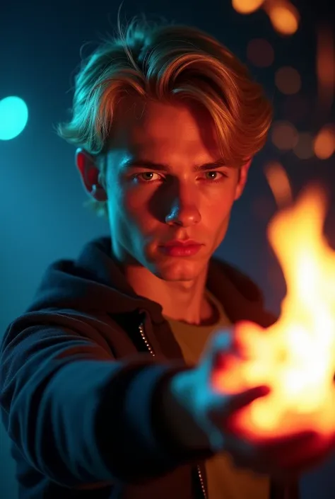 "An handsome 
american boy around his 17-18’s with blond hair, looking to his right creating a fire in his hand. His face is carefully defined and both blue and red lights are reflecting on it. The reflection of the lights dramatically illuminates the youn...