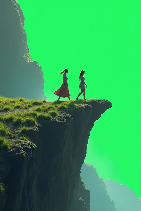 Two woman walking cliff standing hill rock walking png  all green screen 8k 
