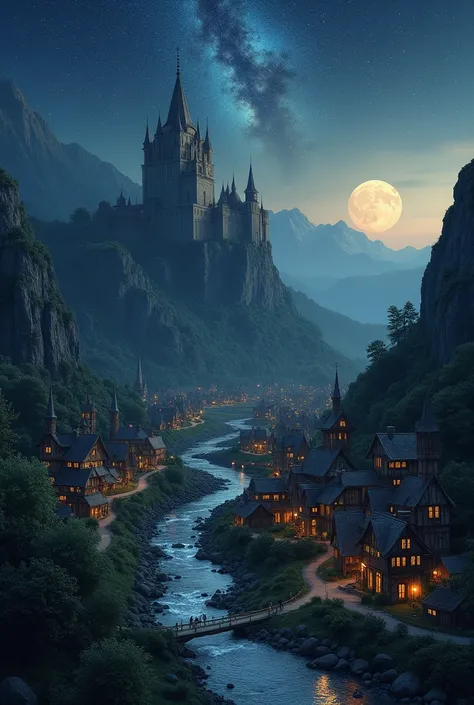 Make a village around a river with a castle in the background, surrounded by walls and mountains, night sky with the Milky Way, moon and sun on the horizon.