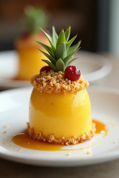 An image of a pineapple pioneer filled with mango mousse and almond praline 
Its gourmet 5-star hotel 
