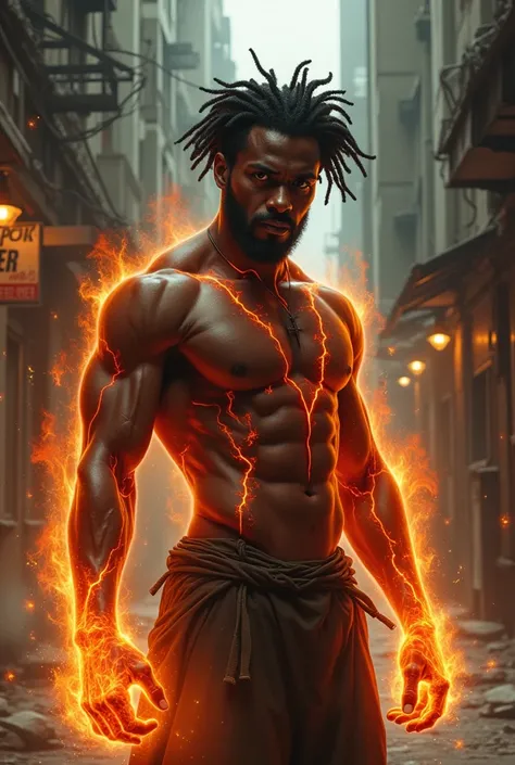 Urban black man with short dread locks with demonic fire power 