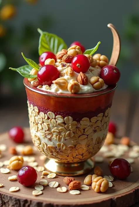 A cup cukes made from oats, plane tree, Cranberries and nuts ,  all products are healthy ,  Inside the dessert comes a surprise