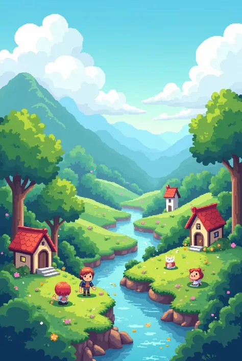 A video game-like pixel landscape with pastel colors and beautiful trees
