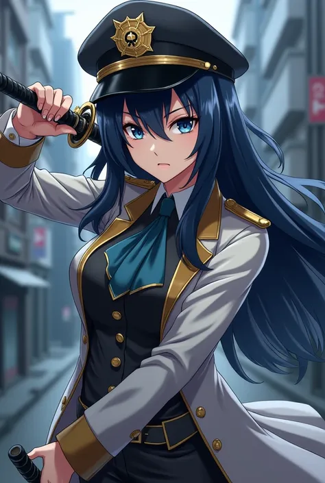 Anime, hd quality, beautiful, calm, cool girl, blue and black long hair, dark blue eyes, military hat, gold and white military coat outfit, sharp eyes, age 25, mature, slashing black katana pose, dark city background, super serious face, ninja, 4k, classy