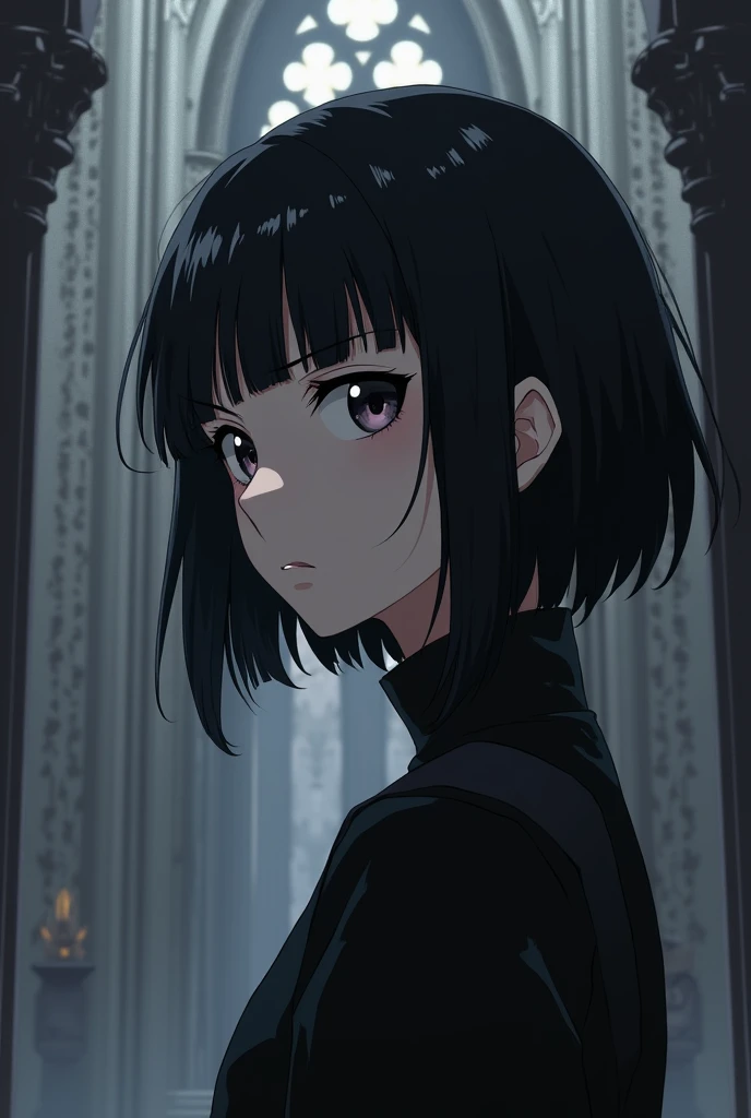  1 girl, bangs,  Anatomically Correct,  shorthair, Grown-up、Gothic、 sharp、Looking up、church、 black hair、Narrow eyes、side、anime