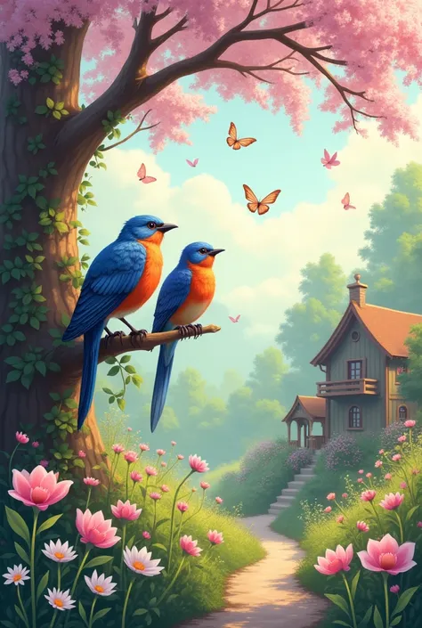  Two birds on a tree near a birdhouse ,  surrounded by butterflies and flowers ,  creating a magical and serene atmosphere .  Mystical birds flying between the flowery country house and a flower garden Cottagecore style.  Colorful and delicate birds in a c...