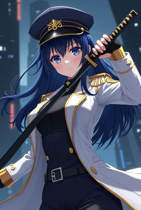 Anime, hd quality, beautiful, calm, cool girl, blue and black long hair, dark blue eyes, white black military hat, gold and white military coat outfit, sharp eyes, age 25, mature, slashing black katana pose, dark futuristic city background, super serious f...