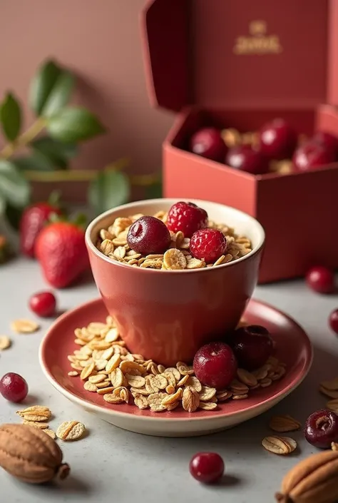 The cup cukes ,  made from oats , plane tree, Cranberries and nuts ,  all products are healthy , It is presented inside a striking box inside the dessert comes a surprise with a lucky phrase 