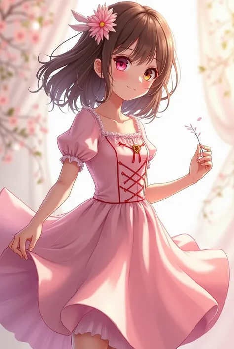  A girl with brown hair,  she has heterochromia ,  the color of her left eye is pink and the color of her right eye is yellow , she wears a light pink dress, Princess Style,  with a cut that fits .  The fabric appears to be satin or a similar material, wit...