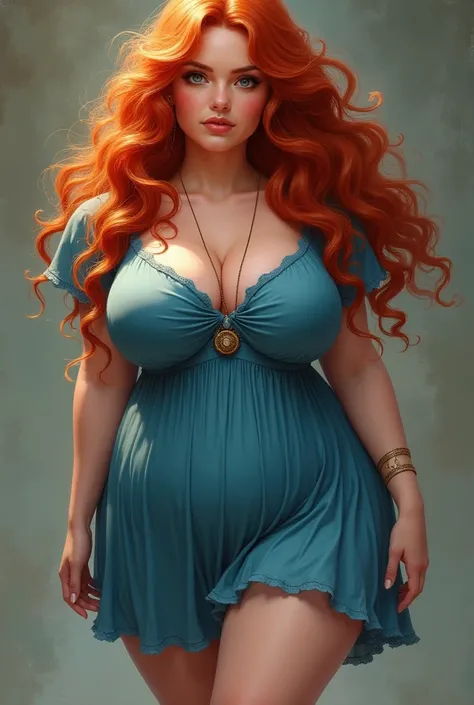 Young woman of 20 years, high, pale-skinned white, Very Curly Hair, Color red at chest height. chubby,  big boobs. Wearing a short blue dress, gypsy model 