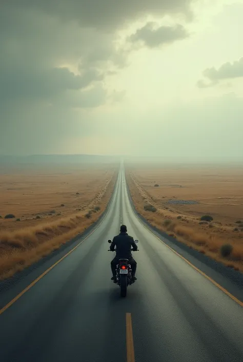 Realistic picture from backside of a man riding a motorcycle in a far distance  on a highway road that going towards the skyline. The sky is cloudy. Savana land on Both side of the road.