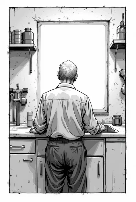 Old man standing ,  in front of a sink,  carrying a plate . back view. comic book style.  black and white image.