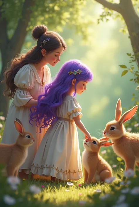 A girl with purple hairs wearing long frock with her mother  with many animals see an injured little rabbit 