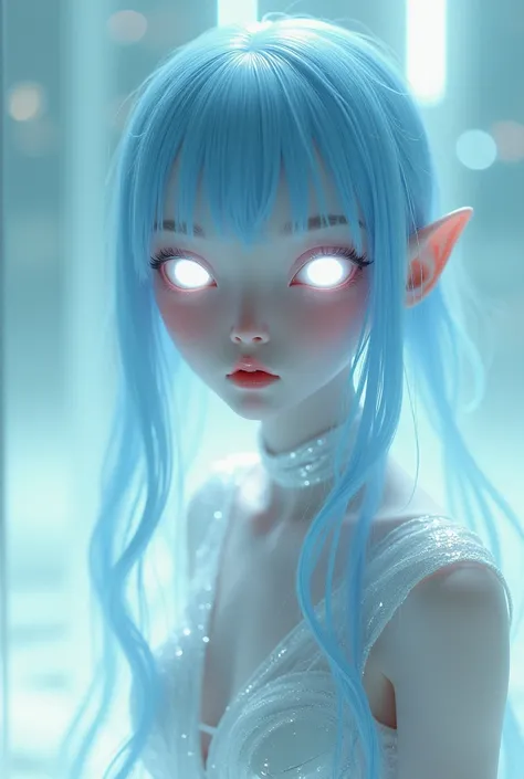 A girl with white skin and white eyes, Alien, Darling, low, Glass eyes, glowing eyes, beautiful, doll clothes, straight bangs, blue hair, white clothes, shiny clothes,armure 