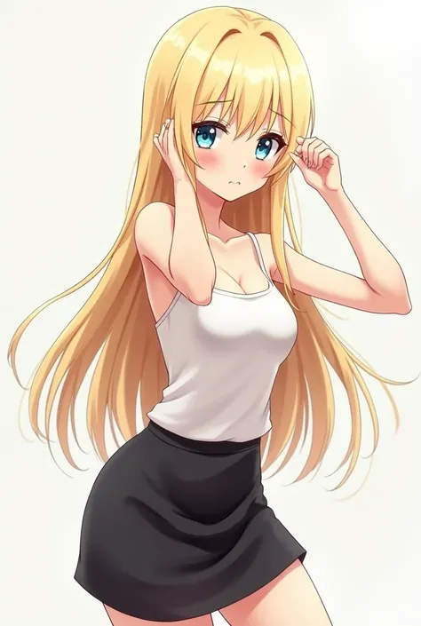 Anime woman with long blond hair  , blue eyes thin eyebrows ,  small mouth  , small head , hourglass body with a small white top and a small black skirt around the hips