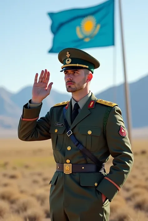 A border guard in modern uniform with Kazakh insignia stands alert at a fortified post in the steppe.  In the background, the flag of Kazakhstan is blowing in the wind ,  while a mountain panorama stretches out on the horizon . The commander ,  with a dete...