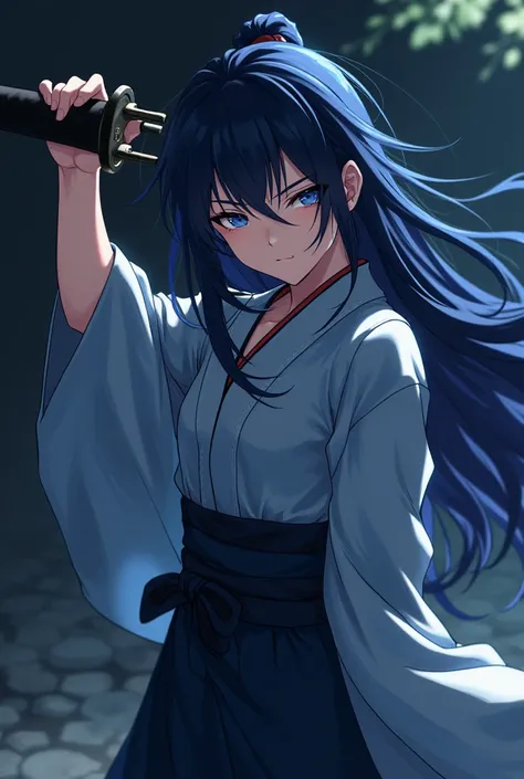 Anime, hd quality, beautiful, calm, cool girl, blue and black long hair, dark blue eyes, kimono outfit, modest, sharp eyes, age 25, mature, slashing black katana pose, dark night background, super serious face, ninja, 4k, classy