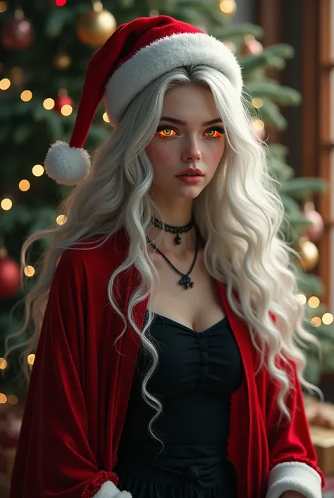 woman,white hair, golden eyes, glowing eyes ,red cloak,black clothes,  Christmas hat , Christmas scenario, Christmas tree 