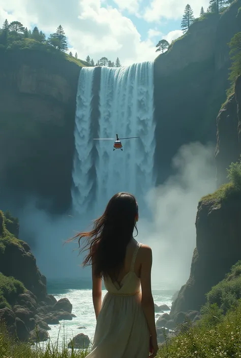 A girl look a waterfall from tha helicopter 