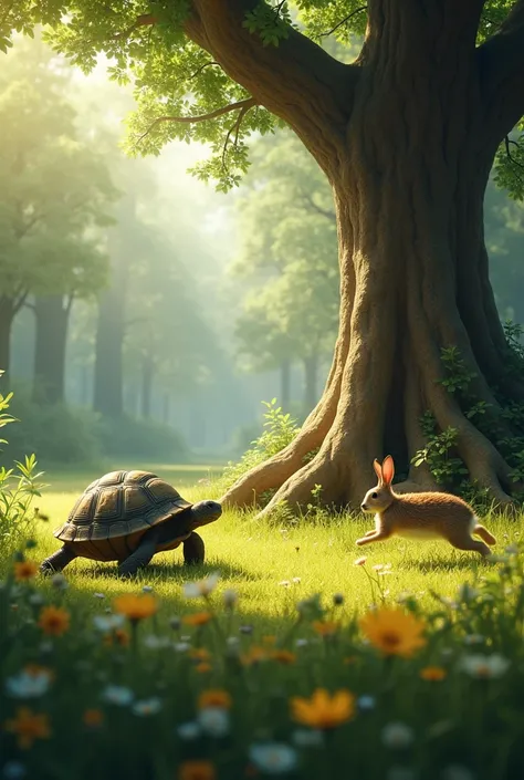 Now the scene shifts to a clearing with a large tree at the edge. The Tortoise is almost at the goal, his shell just a few inches from the base of the tree. Hes moving slowly but surely, his eyes focused on the finish line. The Hare, who has just woken up,...